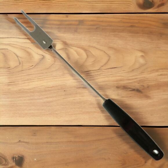 Vintage FOLEY Meat Fork Chrome Plated Carving Serving Black Handle USA Retro - Picture 15 of 16